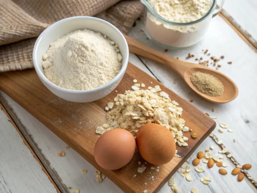 Ingredients for protein donuts arranged on a wooden counter.