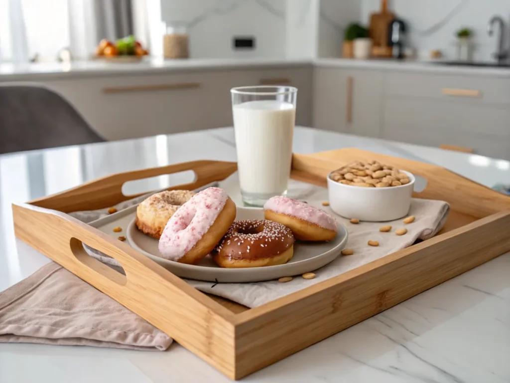 Protein donuts with almond milk served on a wooden tray.