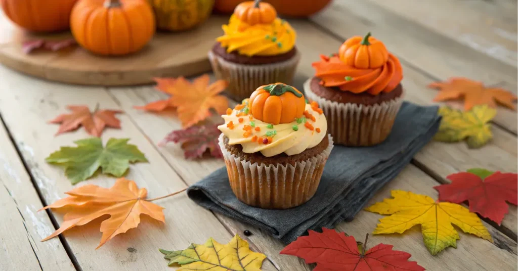 Pumpkin-decorated cupcakes on a wooden table with fall leaves.