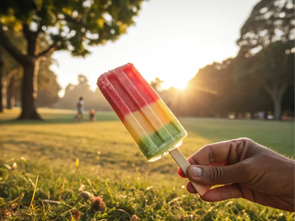 A hand pushing up a Push Pop Ice Cream with colorful layers and a sunny park backdrop.