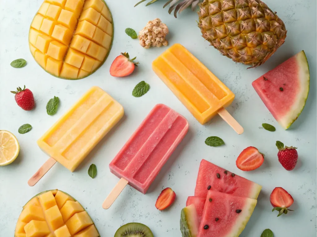 A colorful array of Push Pop Ice Cream flavors with tropical fruits on a pastel