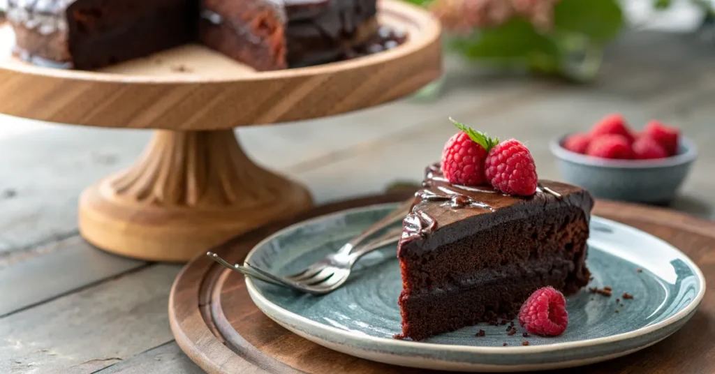 A slice of chocolate cake topped with ganache and raspberries on a dessert plate with a fork.