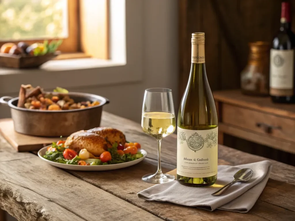 A bottle of Riesling wine paired with roasted poultry and vegetables.