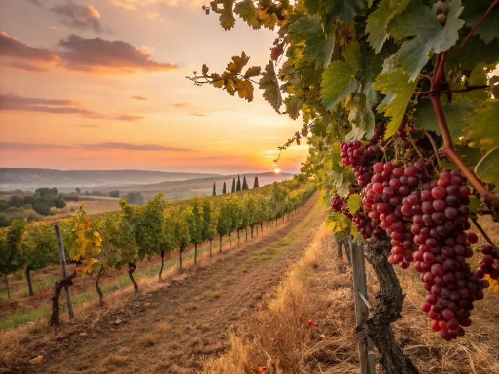 Ripe red grapes hanging on a vine in a vineyard during sunset.