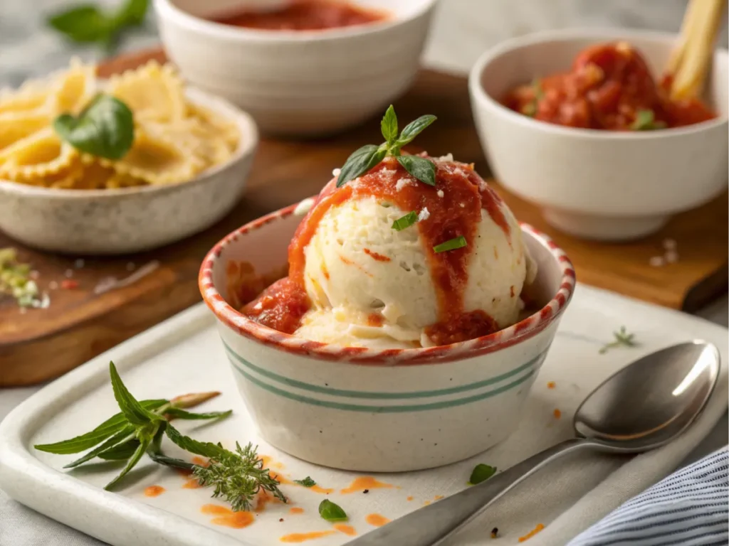 A serving of Bolognese ice cream with garnishes.