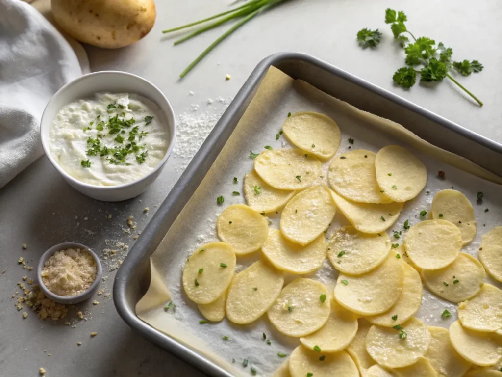 Thin potato slices coated with seasoning and arranged on a baking tray, ready to be baked. Title: Seasoned and Ready to Cook