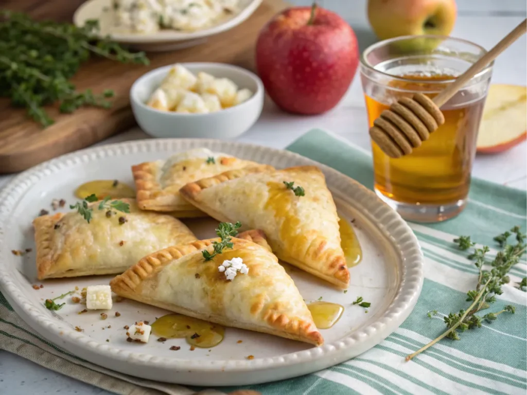 Pastries served with honey and thyme, accompanied by a glass of cider.
