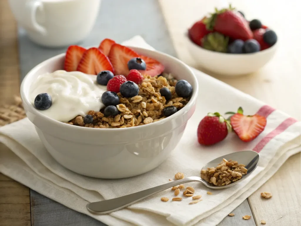 Bowl served with fresh fruit and yogurt, styled with a spoon in soft daylight.