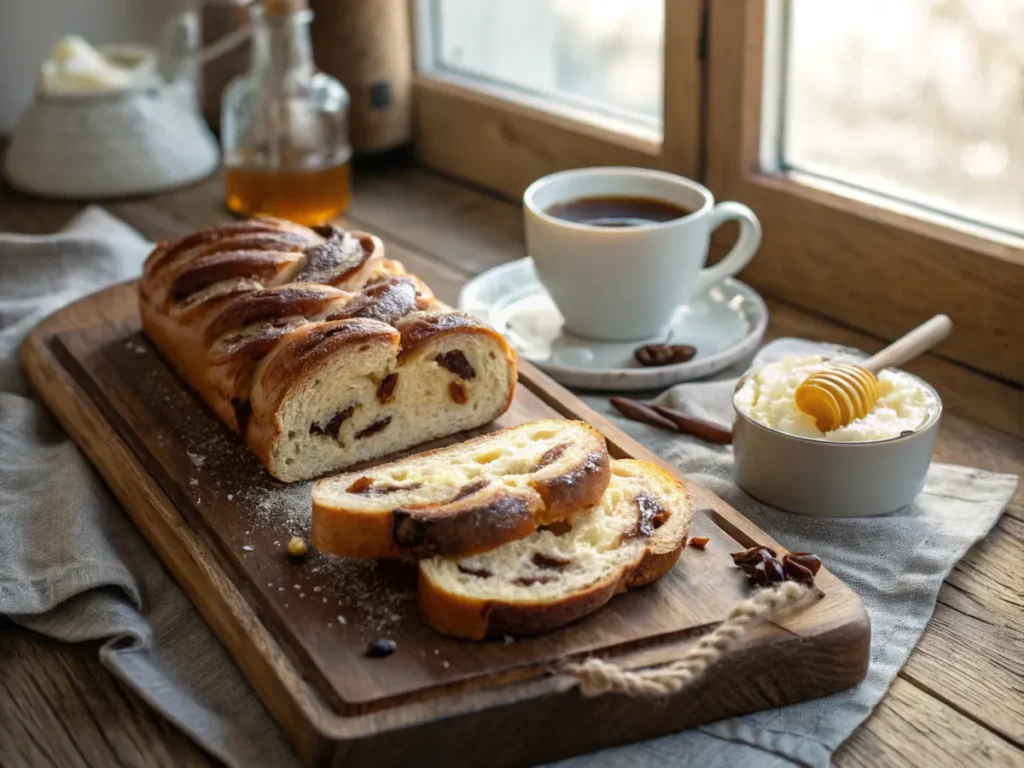 Sliced brioche with butter and honey on a wooden board, accompanied by a cup of coffee.