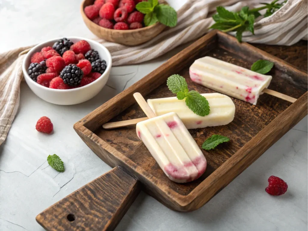 Desserts served on a wooden tray with a side of berries and mint.