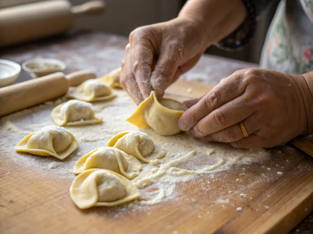 Handmade preparation of a pasta dish on a floured wooden surface.