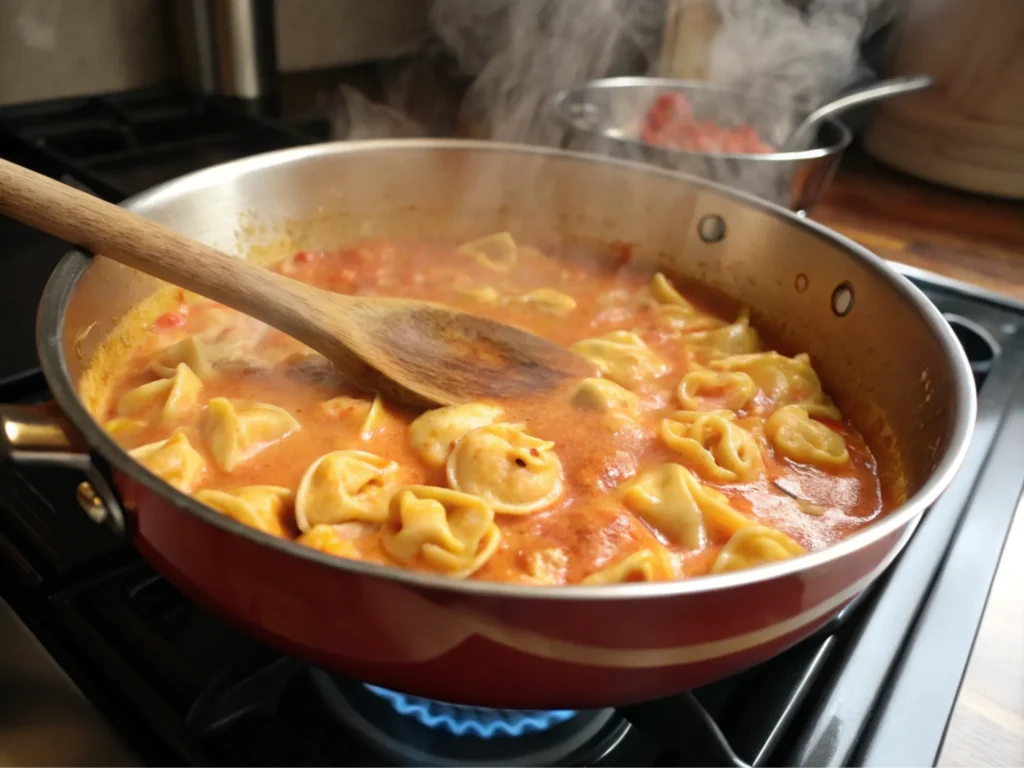 A saucepan of tortellini sauce simmering on the stove with steam rising.