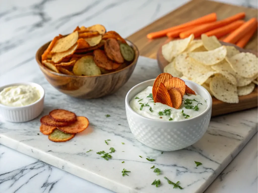 A snack station featuring baked veggie chips and sour cream dip.