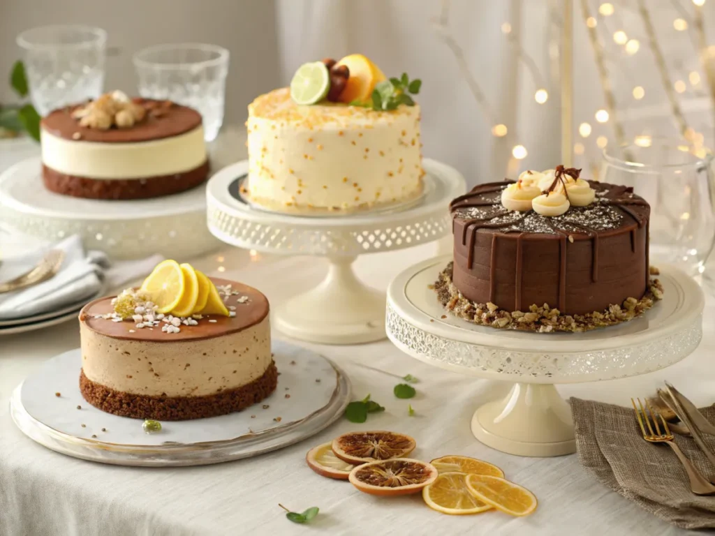 An assortment of cakes displayed on a dessert table.