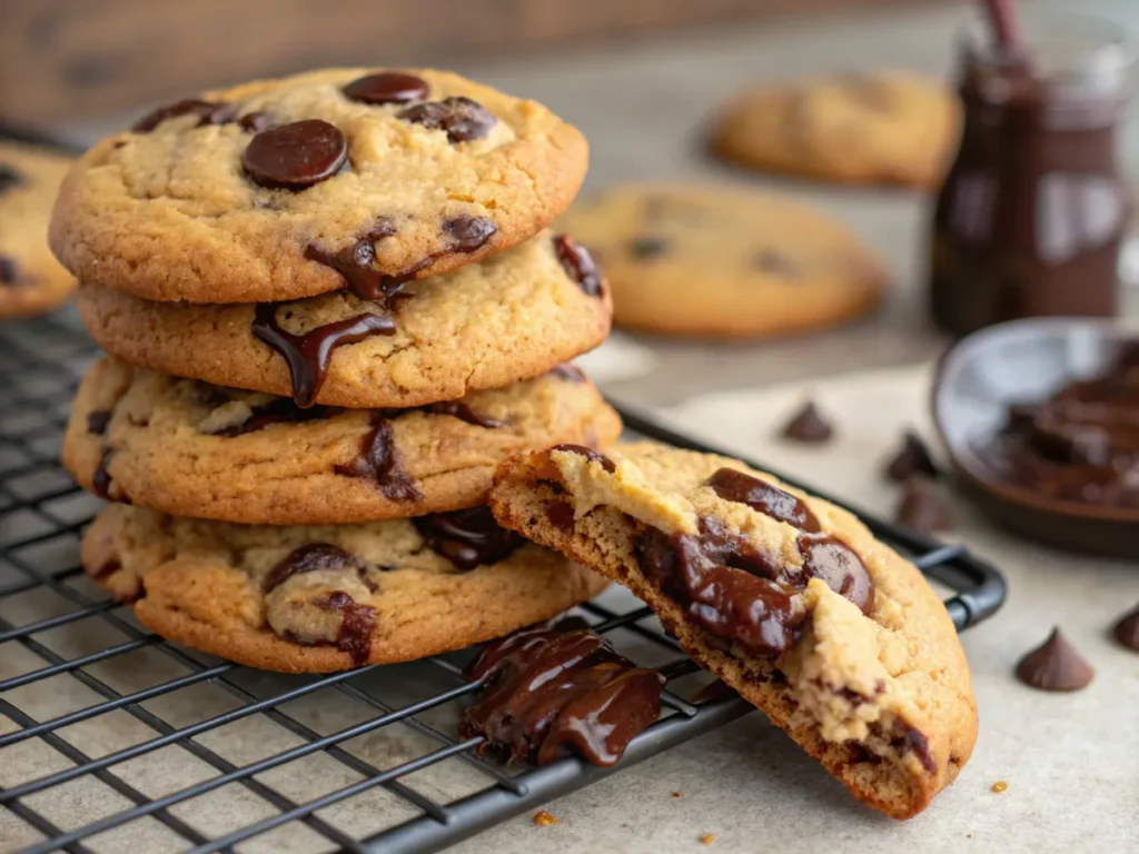 Chocolate chip cookies stacked on a cooling rack.