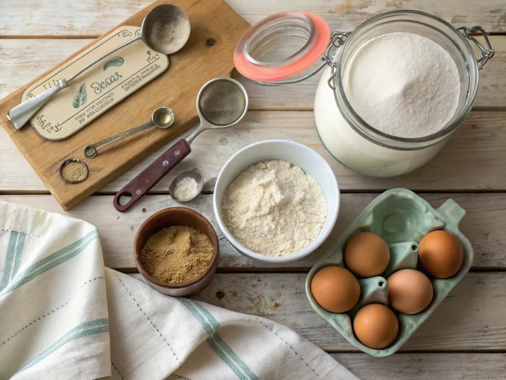 Ingredients for sourdough dessert, including starter, flour, sugar, and eggs, arranged on a wooden surface.