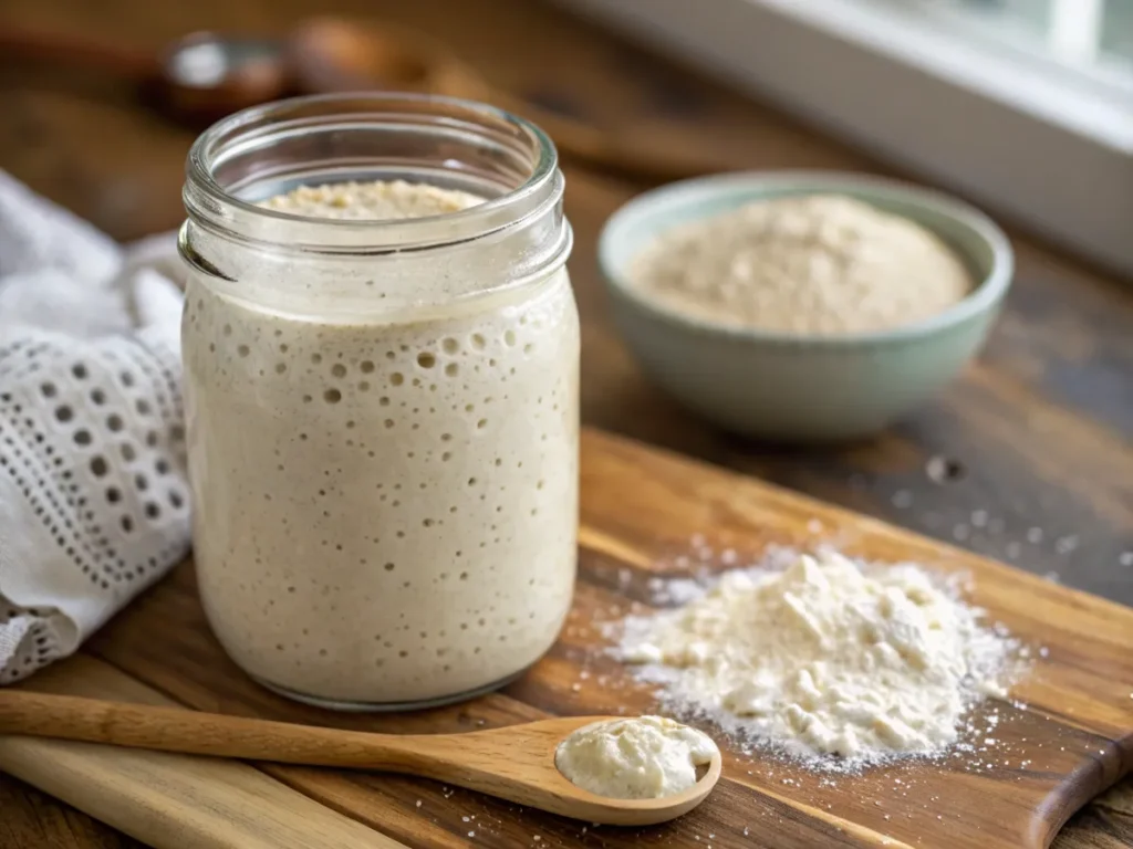 A jar of bubbly sourdough starter on a wooden counter, surrounded by flour and a spoon.