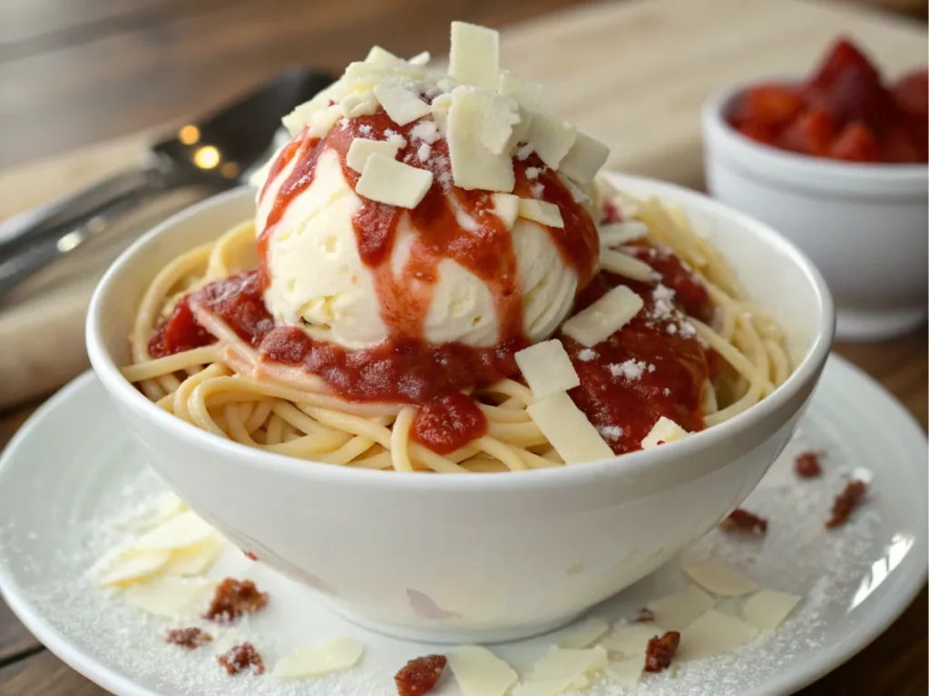 Sweet dessert styled to resemble spaghetti with strawberry sauce and white chocolate.