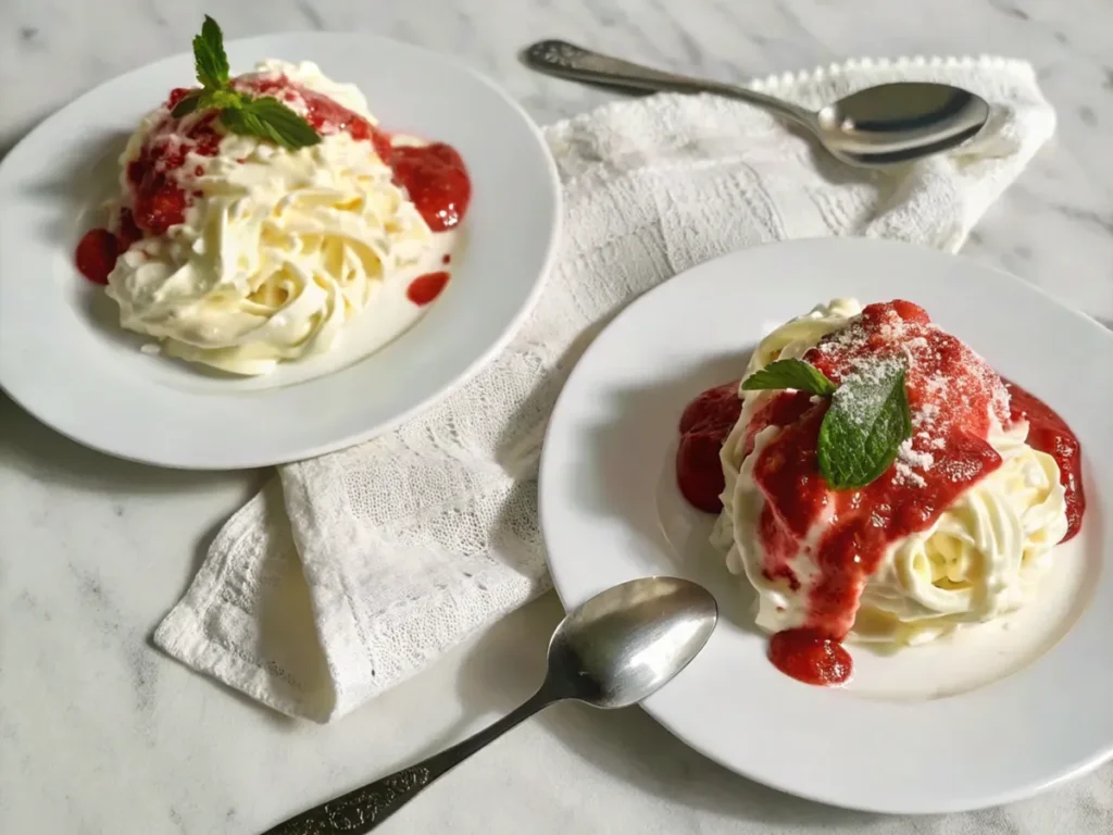 Spaghettieis, a German ice cream dish resembling spaghetti, on a plate. Title: Spaghettieis: Germany’s Fun Ice Cream Dish