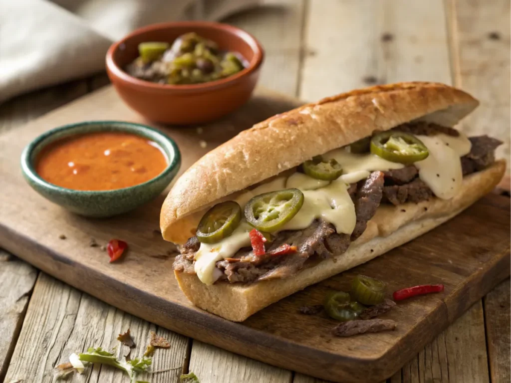 Spicy sandwich with jalapeños, melted cheese, and steak.