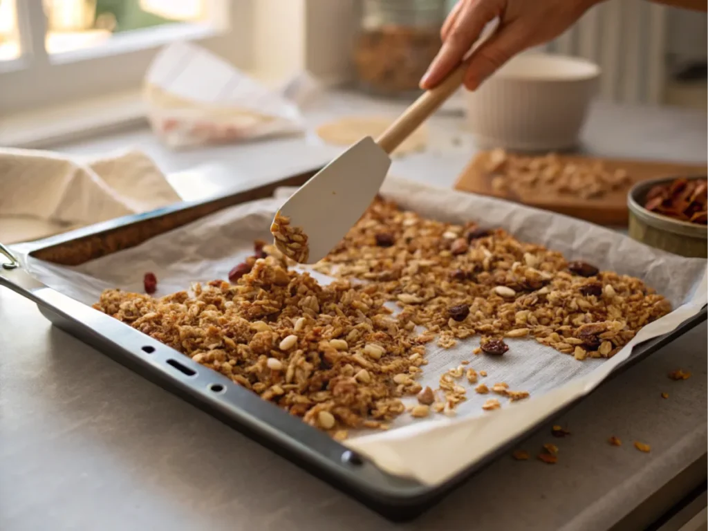 Crisp granola clusters in a ceramic bowl, highlighting the golden texture.