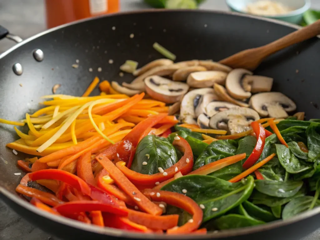 Vegetables, including carrots and bell peppers, being stir-fried in a wok for keto japchae.