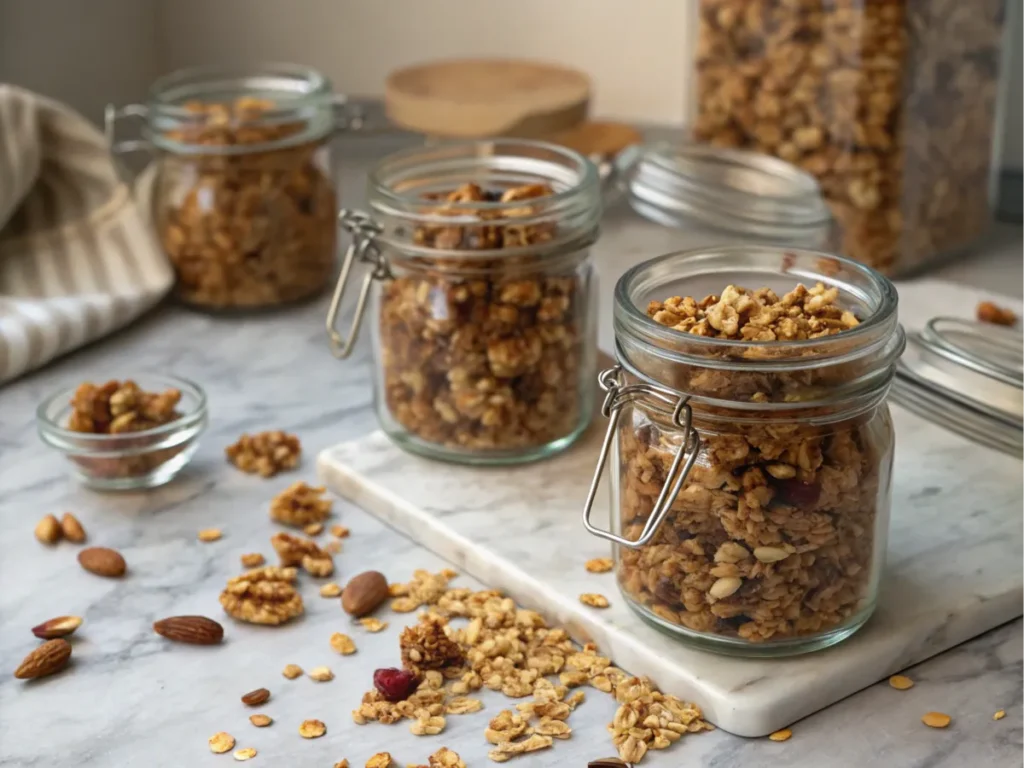 Glass jars filled with granola, styled on a countertop with oats and nuts.