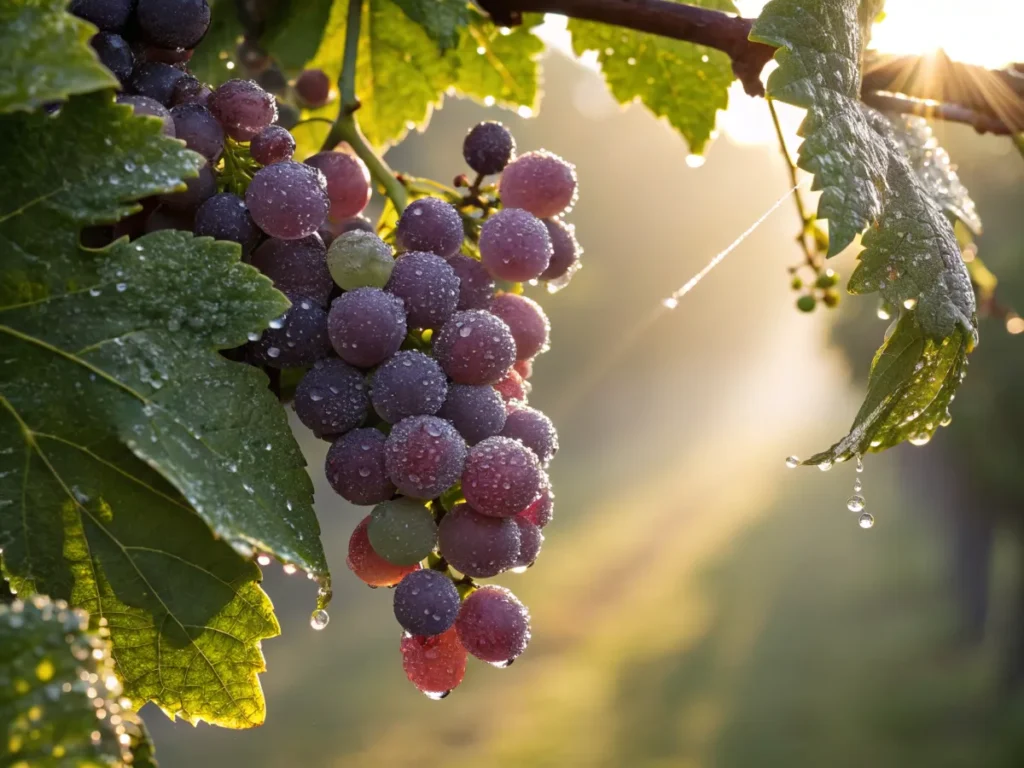 A close-up of wine grapes on the vine, highlighting their natural sugar development under the sunlight.