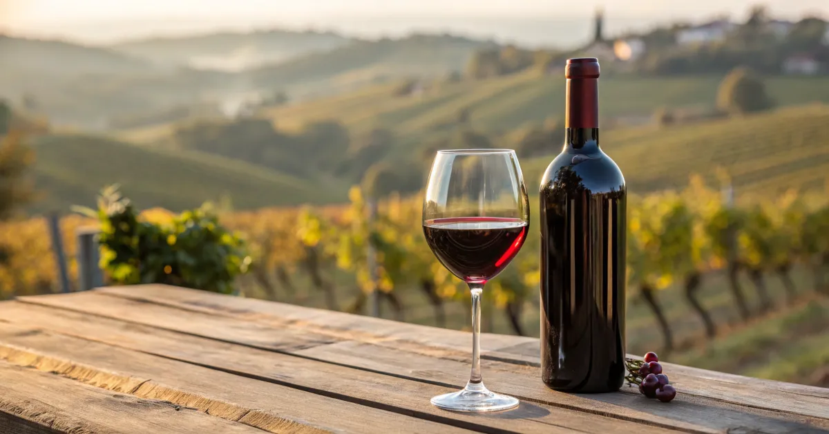 A bottle and glass of sweet red wine on a rustic table with a vineyard in the background.