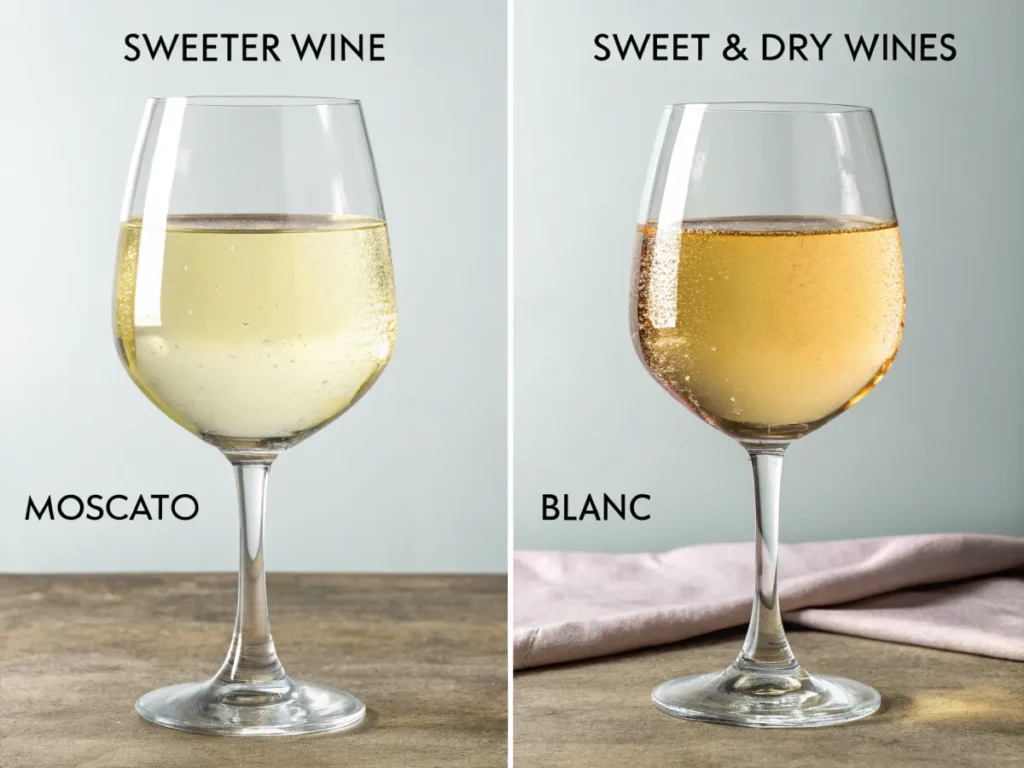 Comparison of sweet wine (Moscato) and dry wine (Sauvignon Blanc) in glasses.