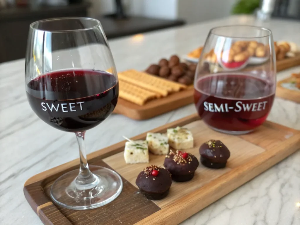 Glasses of sweet and semi-sweet red wine with chocolate truffles and savory appetizers.