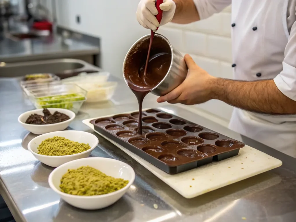 Chocolatier pouring dark chocolate into a mold with pistachio paste and kataifi pastry nearby.