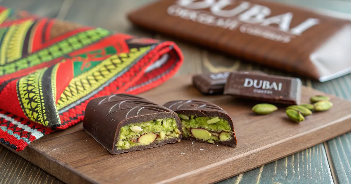 Close-up of a Dubai chocolate bar with dark chocolate and pistachio filling on a vibrant background.