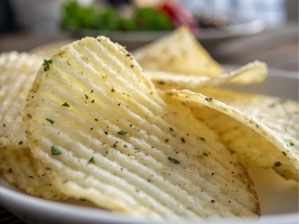 A close-up showing the ridges and texture of a seasoned chip.