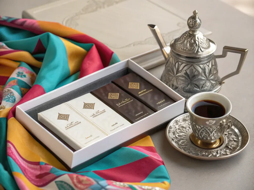 Dubai chocolate bars with elegant packaging next to Arabic coffee on a silk scarf.