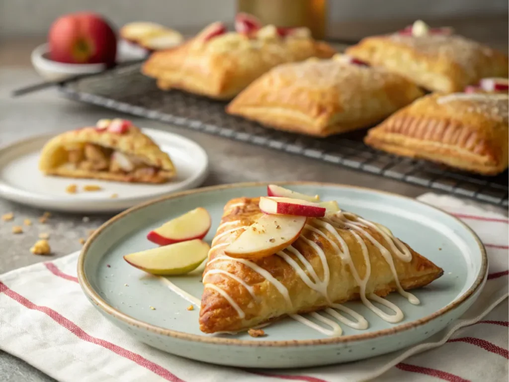 A single pastry on a plate, garnished with fruit slices and a light drizzle, with more in the background.