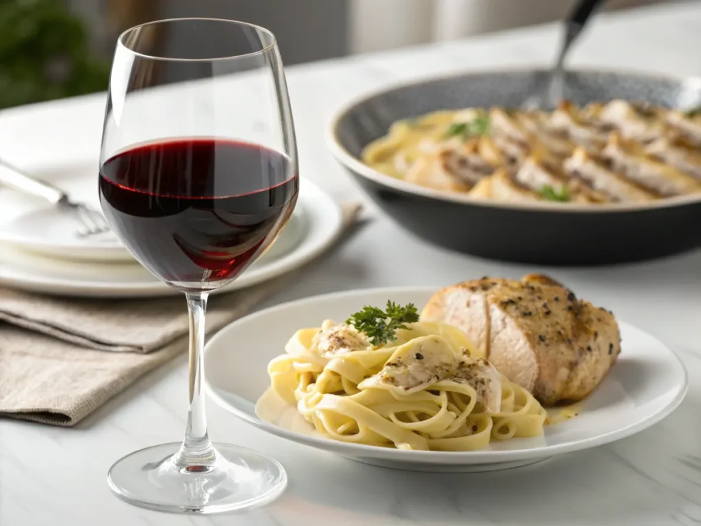 A glass of Merlot paired with creamy pasta and roasted chicken, emphasizing its smooth and fruity qualities.