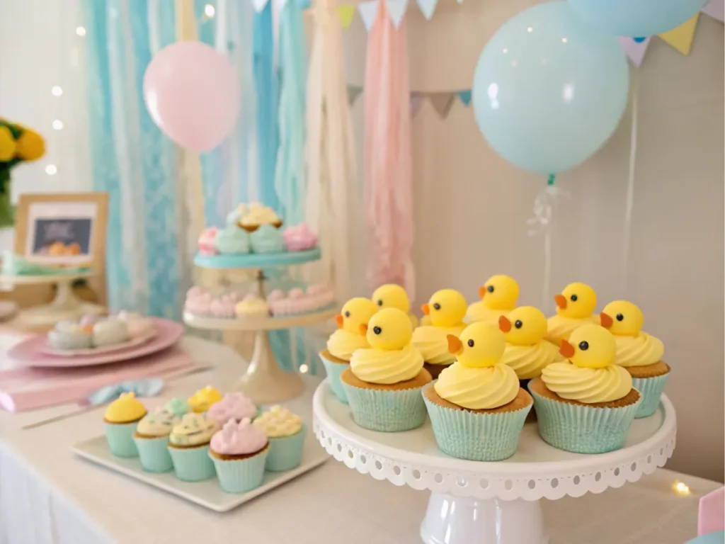 A dessert table with rubber duck cupcakes and pastel party decor.