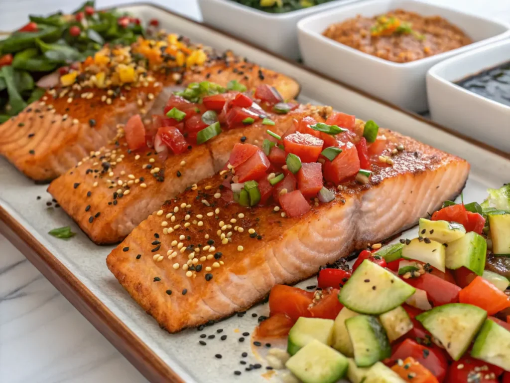 Three variations of fillets: soy-glazed, Mediterranean-style, and Cajun-spiced on a serving platter.