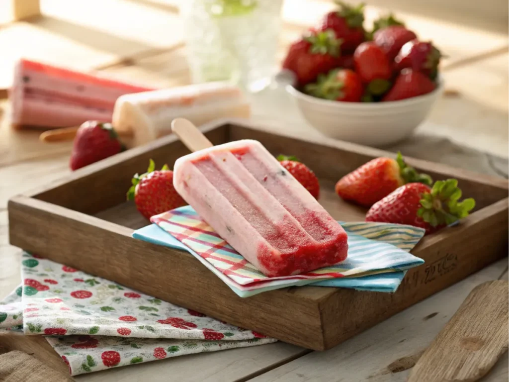 A classic strawberry-flavored frozen treat on a rustic wooden tray with fresh strawberries.