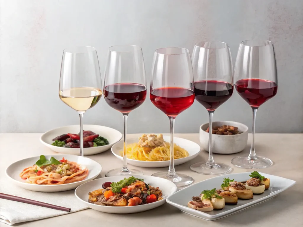 Glasses of light and fruity red wines with small plates of salmon, pasta, and Mediterranean vegetables.