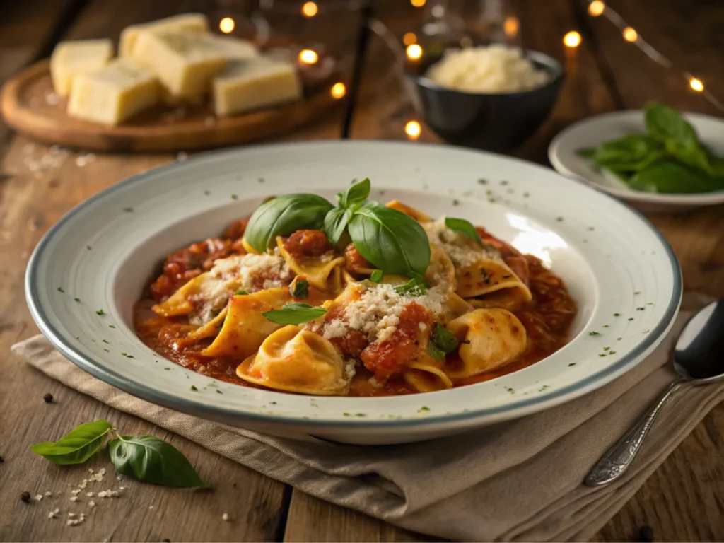 Pasta plated with thick sauce, topped with Parmesan and basil.