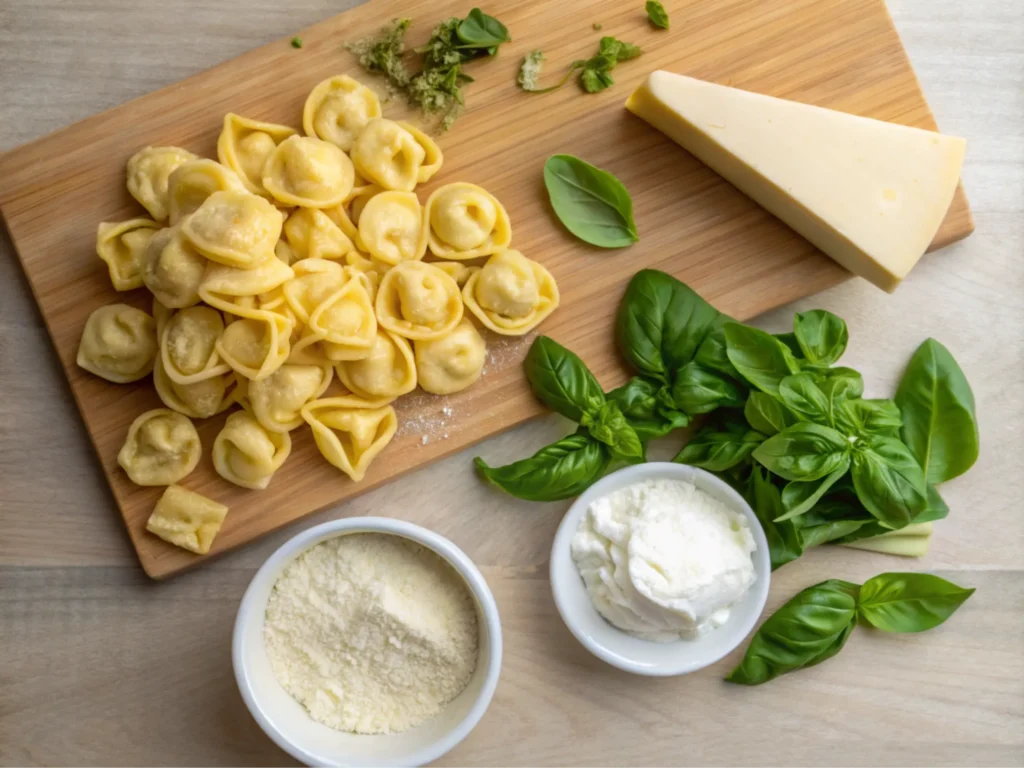 A flat-lay of essential ingredients for thickening tortellini sauce, including Parmesan, cream, and butter.