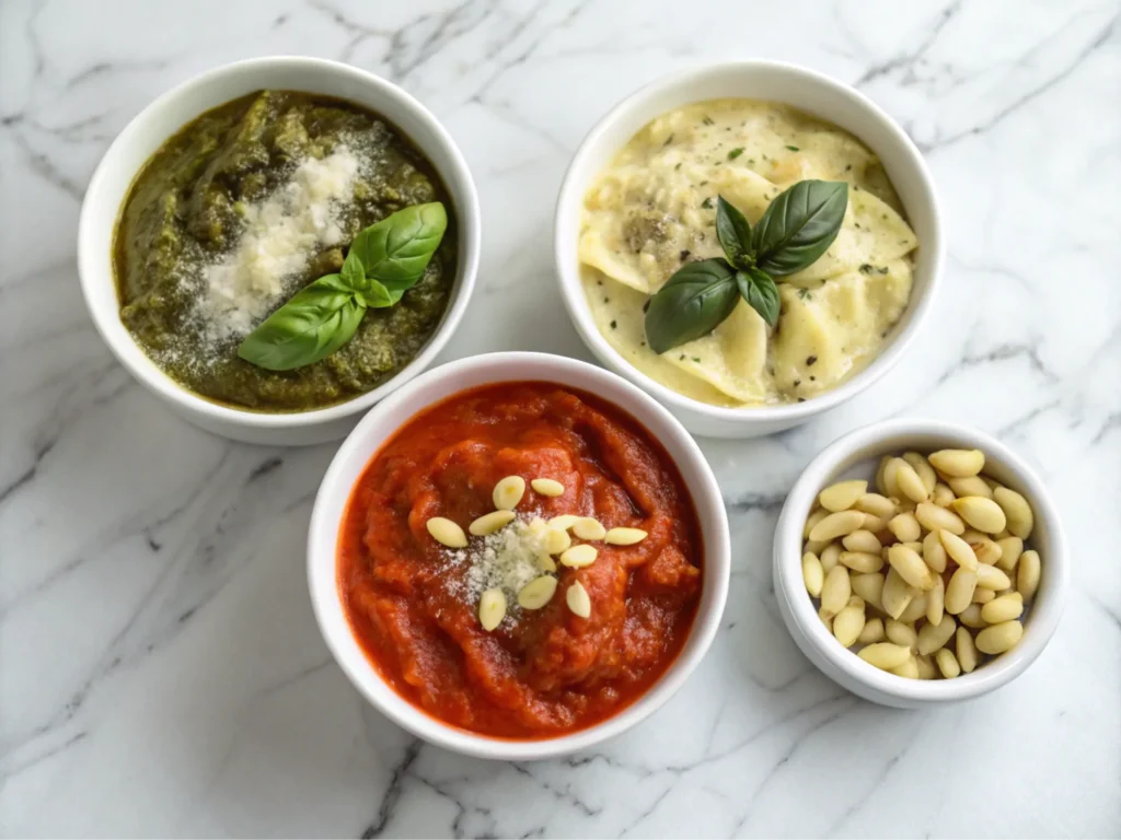 Three variations of tortellini sauces in bowls: Alfredo, tomato-basil, and pesto.