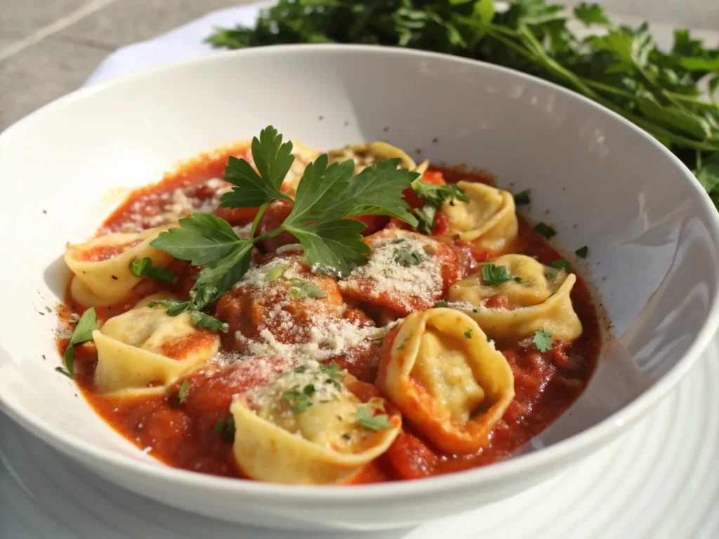 Cooked pasta in tomato sauce garnished with parsley and grated cheese.