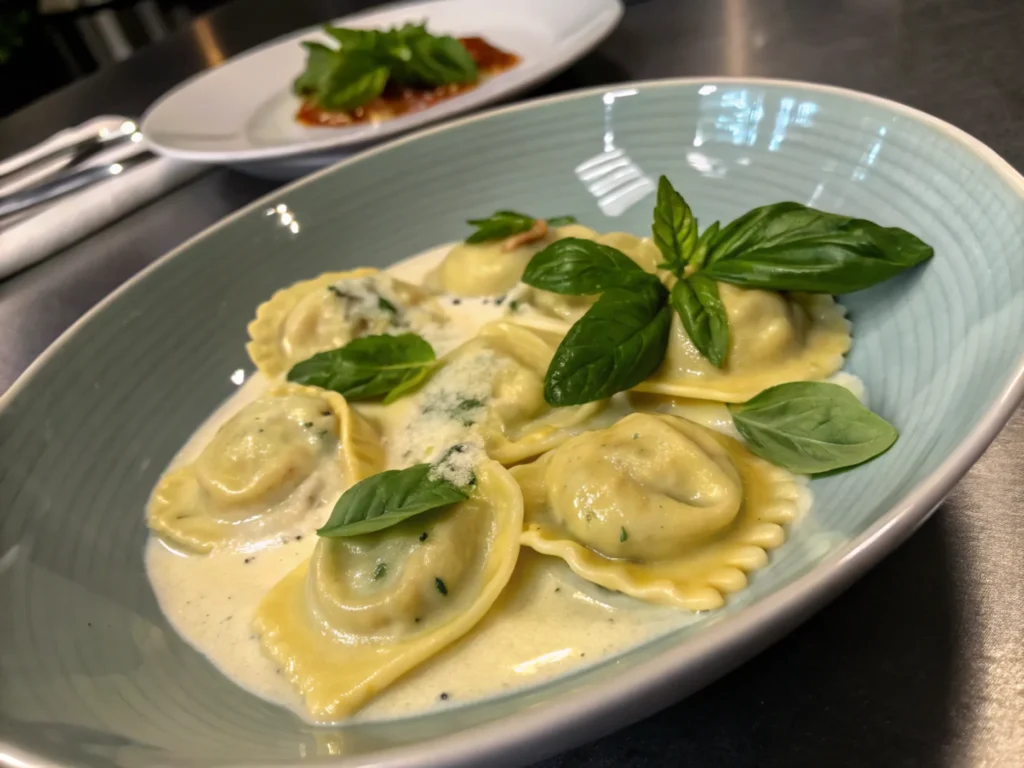 Tortellini with creamy Alfredo sauce and fresh basil.