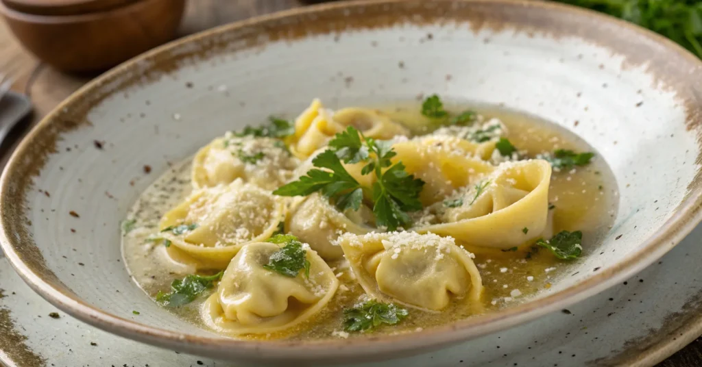 Fresh tortellini in broth garnished with Parmesan and parsley.