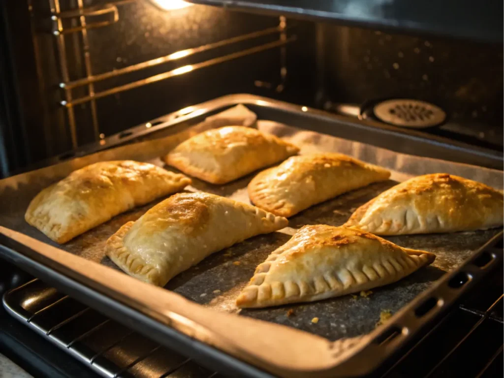 Goat cheese and apple turnovers baking in the oven, puffing up with golden crusts.