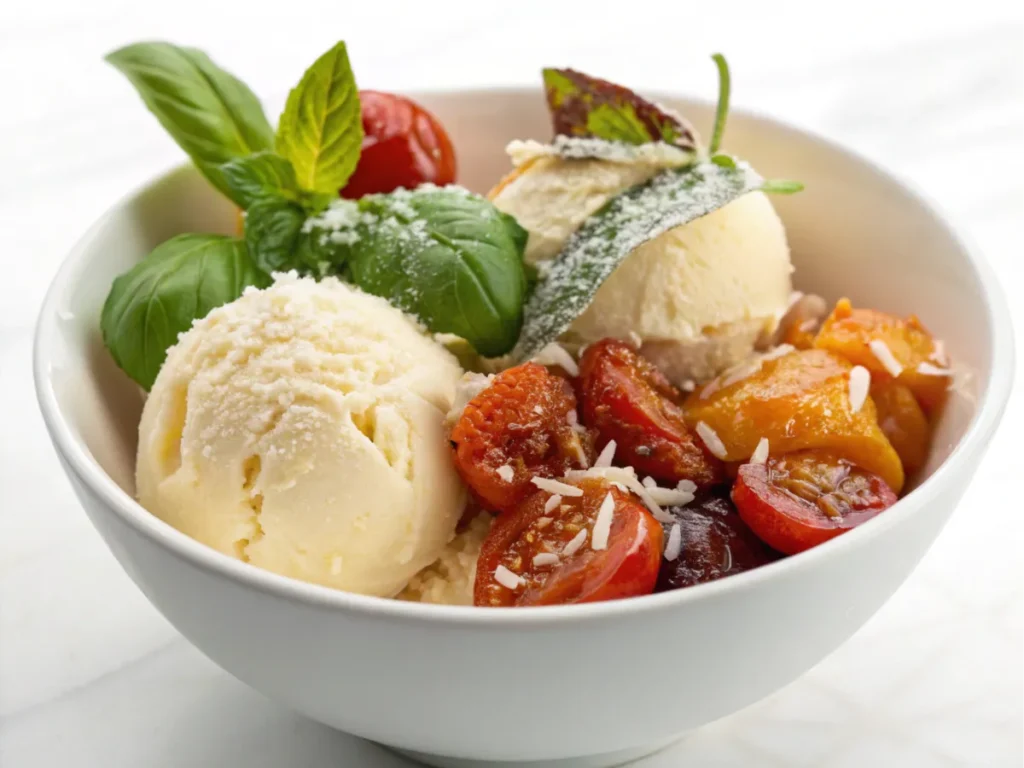 Assorted garnishes including basil, Parmesan, and caramelized tomatoes beside a dessert bowl.