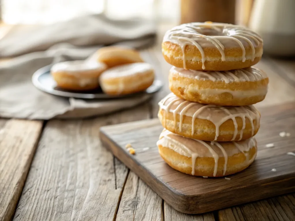 Vanilla protein donuts with glaze on a rustic table.